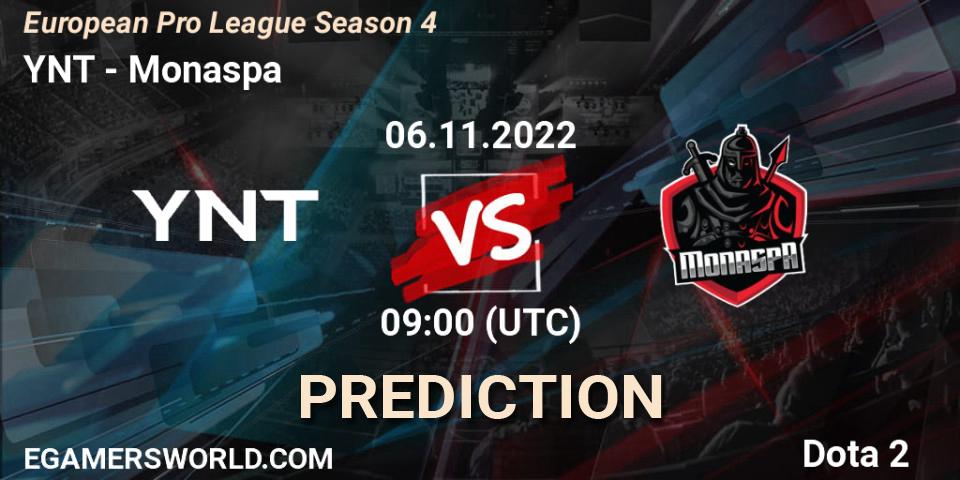 YNT vs Monaspa: Betting TIp, Match Prediction. 08.11.2022 at 10:03. Dota 2, European Pro League Season 4