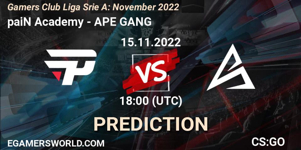 paiN Academy vs APE GANG: Betting TIp, Match Prediction. 15.11.2022 at 18:00. Counter-Strike (CS2), Gamers Club Liga Série A: November 2022