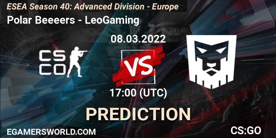 Polar Beeeers vs LeoGaming: Betting TIp, Match Prediction. 08.03.2022 at 17:00. Counter-Strike (CS2), ESEA Season 40: Advanced Division - Europe