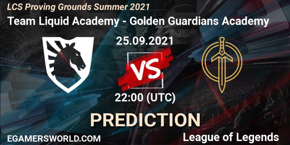 Team Liquid Academy vs Golden Guardians Academy: Betting TIp, Match Prediction. 25.09.2021 at 22:00. LoL, LCS Proving Grounds Summer 2021