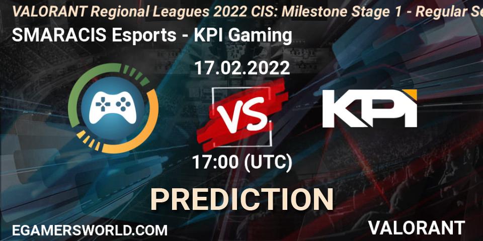 SMARACIS Esports vs KPI Gaming: Betting TIp, Match Prediction. 17.02.2022 at 17:15. VALORANT, VALORANT Regional Leagues 2022 CIS: Milestone Stage 1 - Regular Season