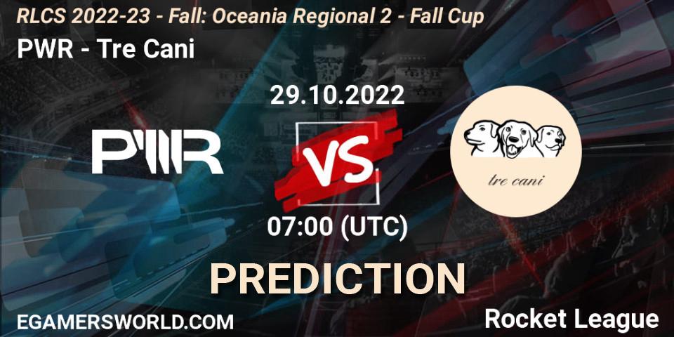 PWR vs Tre Cani: Betting TIp, Match Prediction. 29.10.2022 at 07:00. Rocket League, RLCS 2022-23 - Fall: Oceania Regional 2 - Fall Cup