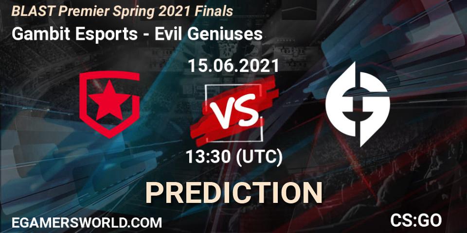 Gambit Esports vs Evil Geniuses: Betting TIp, Match Prediction. 15.06.2021 at 13:30. Counter-Strike (CS2), BLAST Premier Spring 2021 Finals