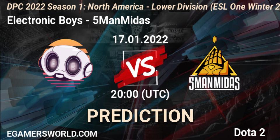 Electronic Boys vs 5ManMidas: Betting TIp, Match Prediction. 17.01.2022 at 19:55. Dota 2, DPC 2022 Season 1: North America - Lower Division (ESL One Winter 2021)