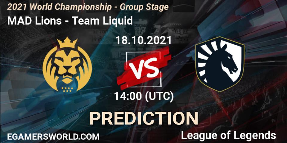 MAD Lions vs Team Liquid: Betting TIp, Match Prediction. 18.10.2021 at 14:10. LoL, 2021 World Championship - Group Stage