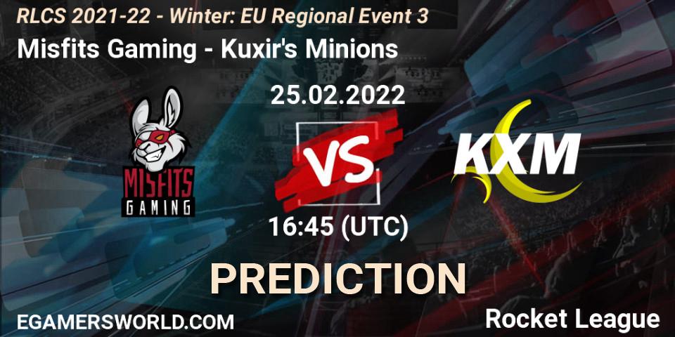 Misfits Gaming vs Kuxir's Minions: Betting TIp, Match Prediction. 25.02.2022 at 16:45. Rocket League, RLCS 2021-22 - Winter: EU Regional Event 3