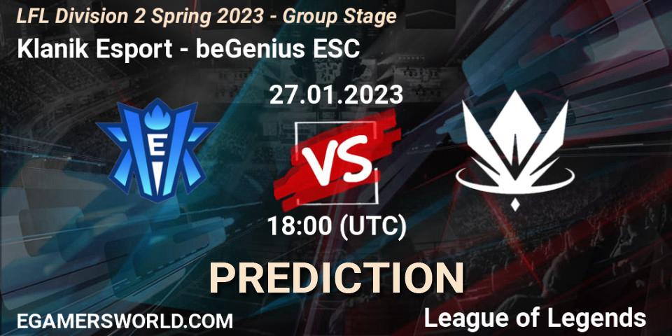 Klanik Esport vs beGenius ESC: Betting TIp, Match Prediction. 27.01.2023 at 18:00. LoL, LFL Division 2 Spring 2023 - Group Stage