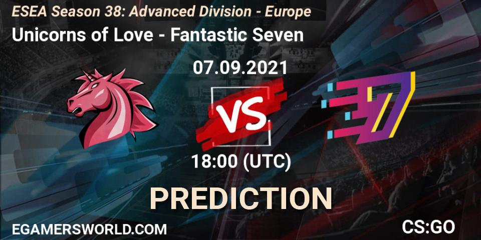 Unicorns of Love vs Fantastic Seven: Betting TIp, Match Prediction. 07.09.2021 at 18:00. Counter-Strike (CS2), ESEA Season 38: Advanced Division - Europe