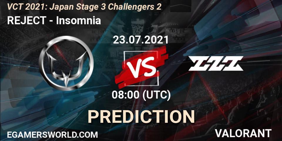 REJECT vs Insomnia: Betting TIp, Match Prediction. 23.07.2021 at 08:00. VALORANT, VCT 2021: Japan Stage 3 Challengers 2