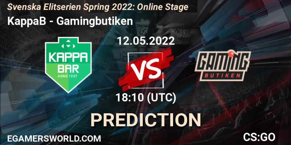 KappaB vs Gamingbutiken: Betting TIp, Match Prediction. 12.05.2022 at 18:10. Counter-Strike (CS2), Svenska Elitserien Spring 2022: Online Stage