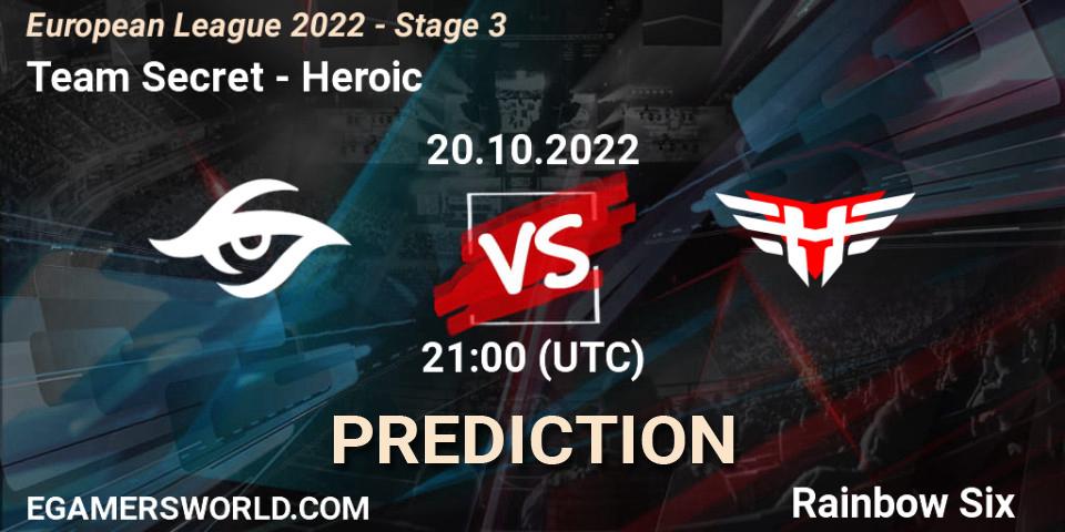 Team Secret vs Heroic: Betting TIp, Match Prediction. 20.10.2022 at 21:00. Rainbow Six, European League 2022 - Stage 3