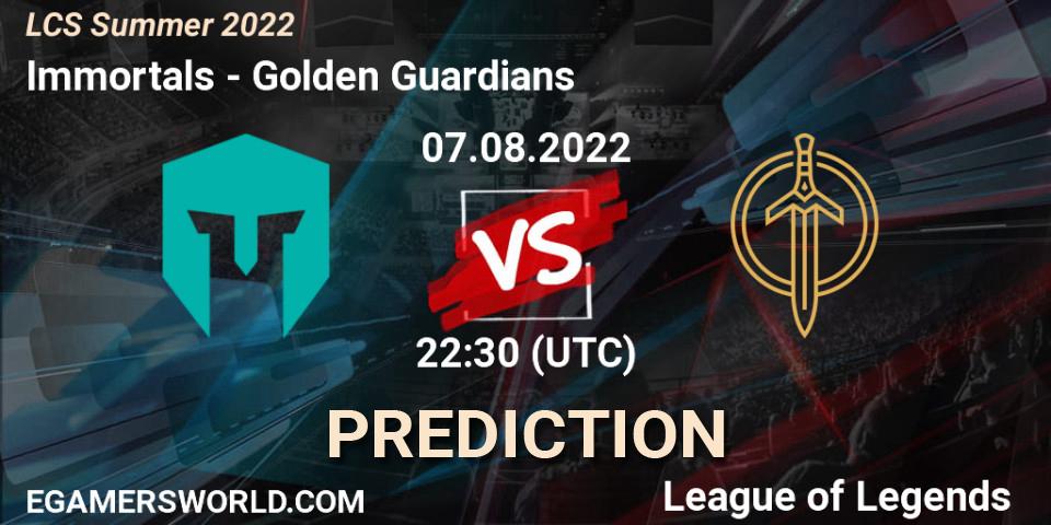 Immortals vs Golden Guardians: Betting TIp, Match Prediction. 07.08.2022 at 22:45. LoL, LCS Summer 2022