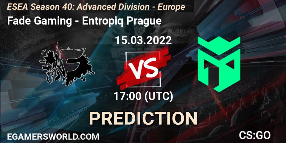 Fade Gaming vs Entropiq Prague: Betting TIp, Match Prediction. 15.03.2022 at 17:00. Counter-Strike (CS2), ESEA Season 40: Advanced Division - Europe