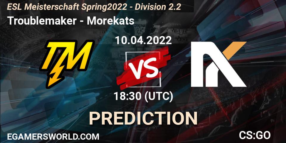 Troublemaker vs Morekats: Betting TIp, Match Prediction. 10.04.2022 at 18:30. Counter-Strike (CS2), ESL Meisterschaft Spring 2022 - Division 2.2