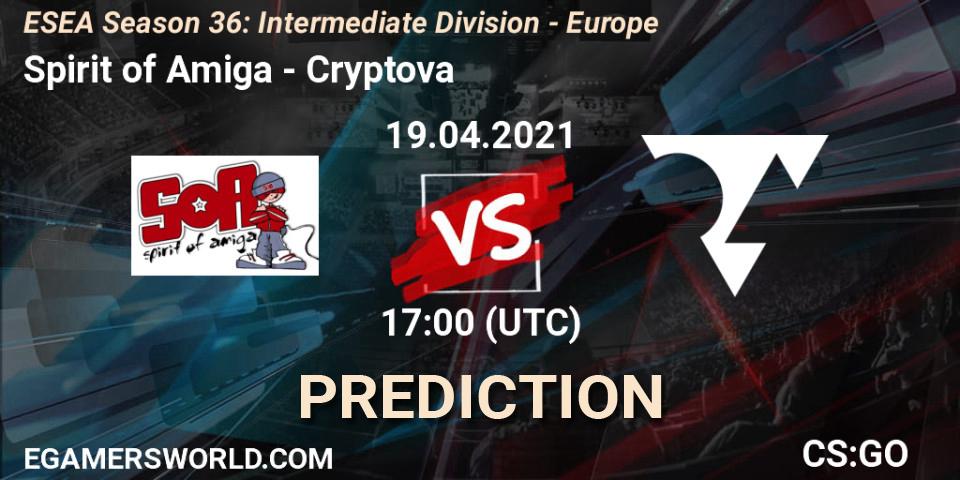 Spirit of Amiga vs Cryptova: Betting TIp, Match Prediction. 19.04.2021 at 17:00. Counter-Strike (CS2), ESEA Season 36: Intermediate Division - Europe