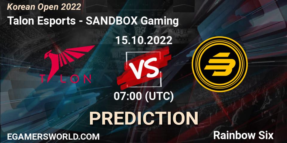 Talon Esports vs SANDBOX Gaming: Betting TIp, Match Prediction. 15.10.2022 at 07:00. Rainbow Six, Korean Open 2022