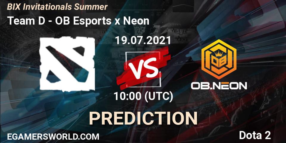 Team D vs OB Esports x Neon: Betting TIp, Match Prediction. 19.07.2021 at 10:21. Dota 2, BIX Invitationals Summer