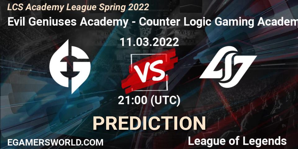 Evil Geniuses Academy vs Counter Logic Gaming Academy: Betting TIp, Match Prediction. 11.03.2022 at 21:00. LoL, LCS Academy League Spring 2022