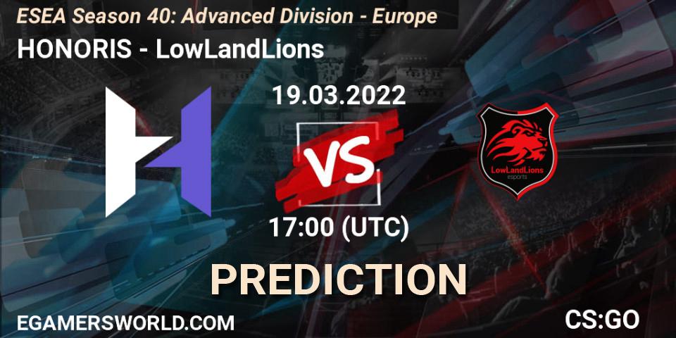 HONORIS vs LowLandLions: Betting TIp, Match Prediction. 19.03.2022 at 17:00. Counter-Strike (CS2), ESEA Season 40: Advanced Division - Europe