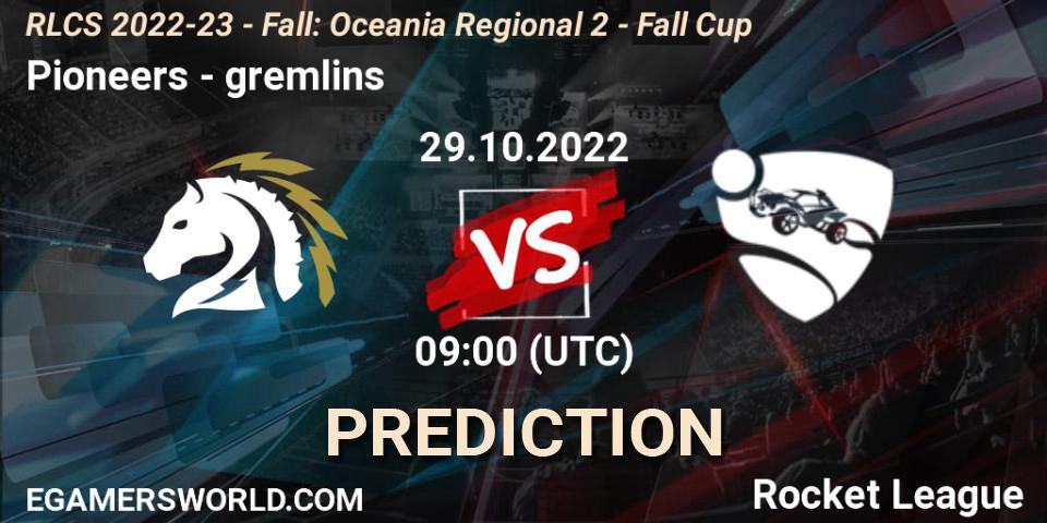 Pioneers vs gremlins: Betting TIp, Match Prediction. 29.10.2022 at 09:20. Rocket League, RLCS 2022-23 - Fall: Oceania Regional 2 - Fall Cup