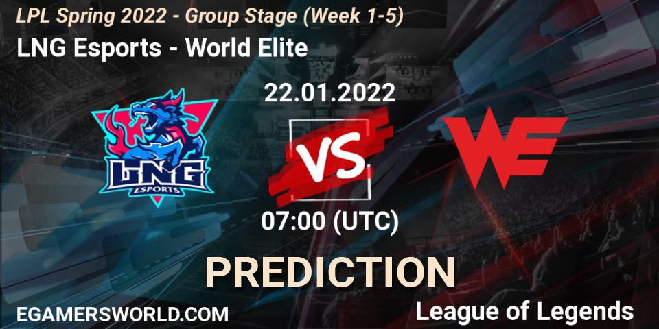 LNG Esports vs World Elite: Betting TIp, Match Prediction. 22.01.2022 at 07:00. LoL, LPL Spring 2022 - Group Stage (Week 1-5)