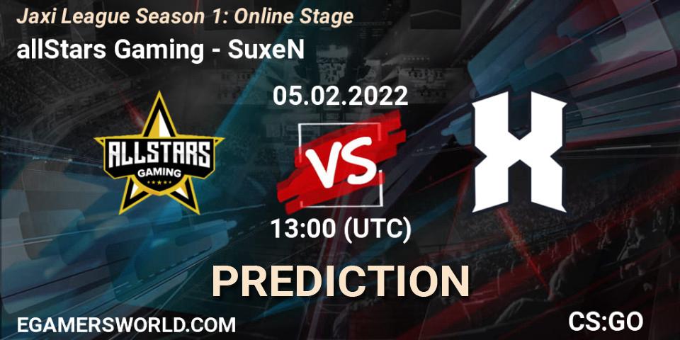 allStars Gaming vs SuxeN: Betting TIp, Match Prediction. 05.02.2022 at 13:00. Counter-Strike (CS2), Jaxi League Season 1: Online Stage