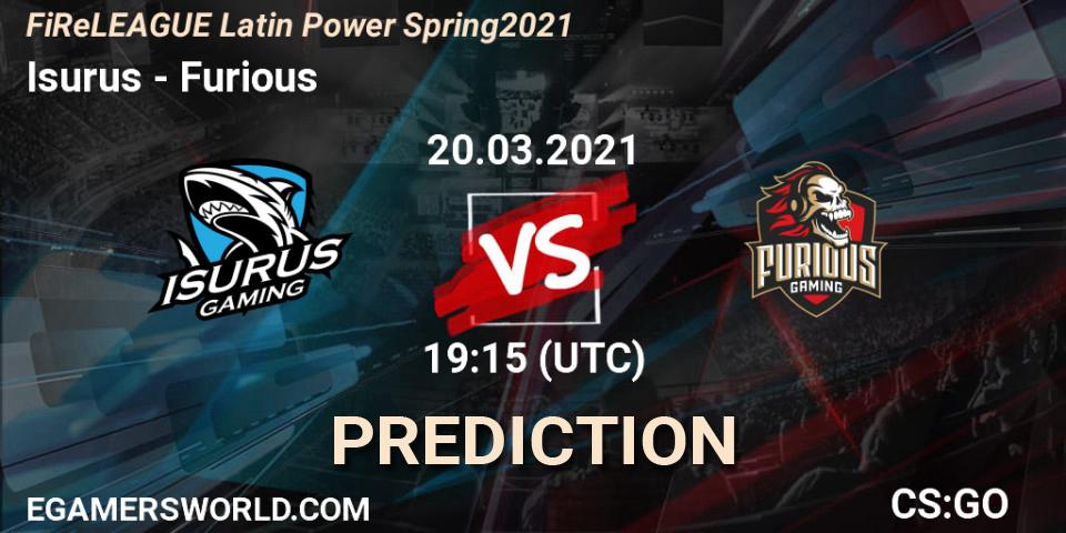 Isurus vs Furious: Betting TIp, Match Prediction. 20.03.2021 at 19:15. Counter-Strike (CS2), FiReLEAGUE Latin Power Spring 2021 - BLAST Premier Qualifier