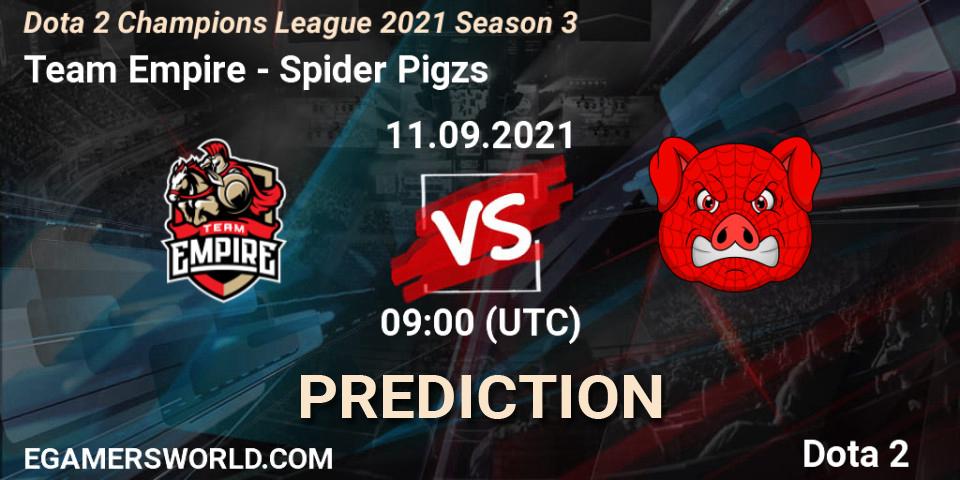 Team Empire vs Spider Pigzs: Betting TIp, Match Prediction. 11.09.2021 at 09:00. Dota 2, Dota 2 Champions League 2021 Season 3