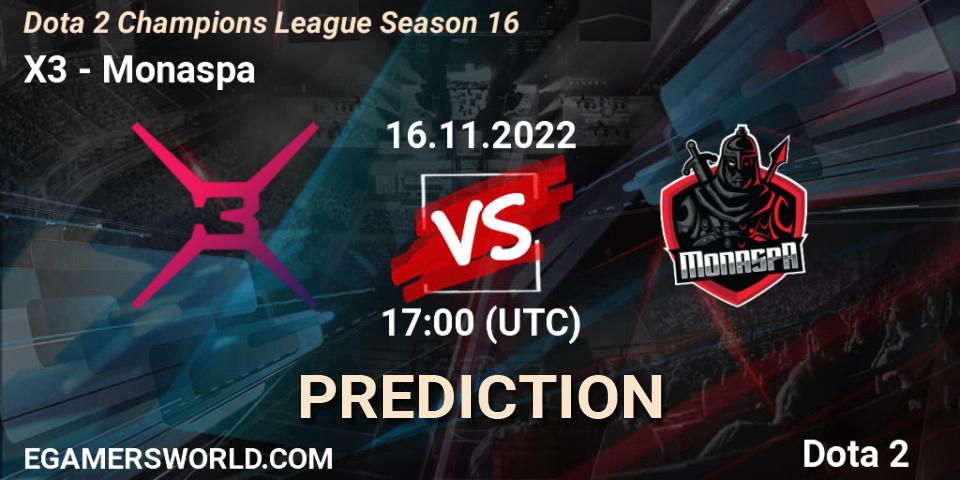X3 vs Monaspa: Betting TIp, Match Prediction. 16.11.2022 at 17:23. Dota 2, Dota 2 Champions League Season 16