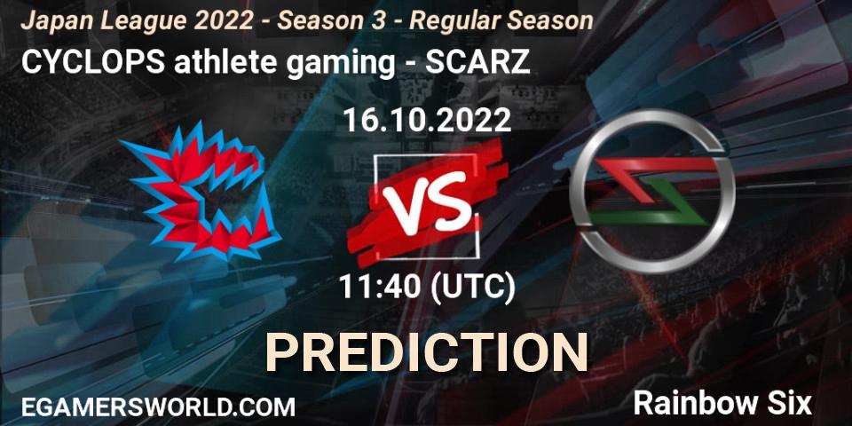 CYCLOPS athlete gaming vs SCARZ: Betting TIp, Match Prediction. 16.10.2022 at 11:40. Rainbow Six, Japan League 2022 - Season 3 - Regular Season