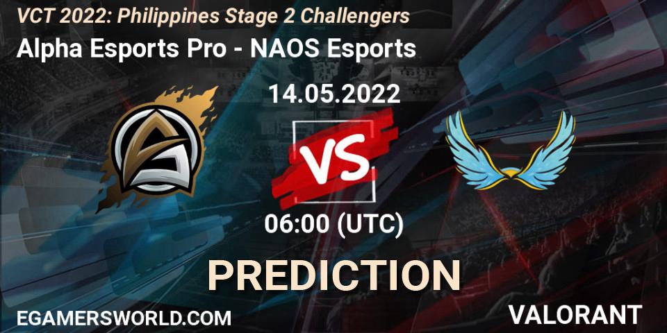 Alpha Esports Pro vs NAOS Esports: Betting TIp, Match Prediction. 14.05.2022 at 06:00. VALORANT, VCT 2022: Philippines Stage 2 Challengers
