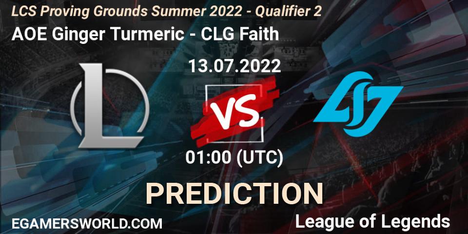 AOE Ginger Turmeric vs CLG Faith: Betting TIp, Match Prediction. 13.07.2022 at 00:00. LoL, LCS Proving Grounds Summer 2022 - Qualifier 2