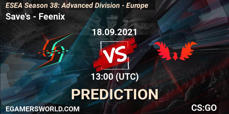 Save's vs Feenix: Betting TIp, Match Prediction. 18.09.2021 at 13:00. Counter-Strike (CS2), ESEA Season 38: Advanced Division - Europe
