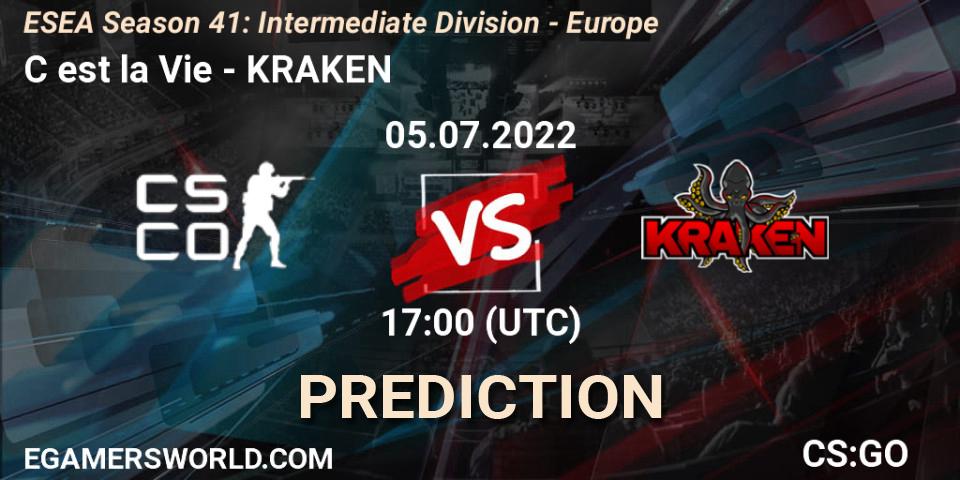 C est la Vie vs KRAKEN: Betting TIp, Match Prediction. 05.07.2022 at 17:00. Counter-Strike (CS2), ESEA Season 41: Intermediate Division - Europe