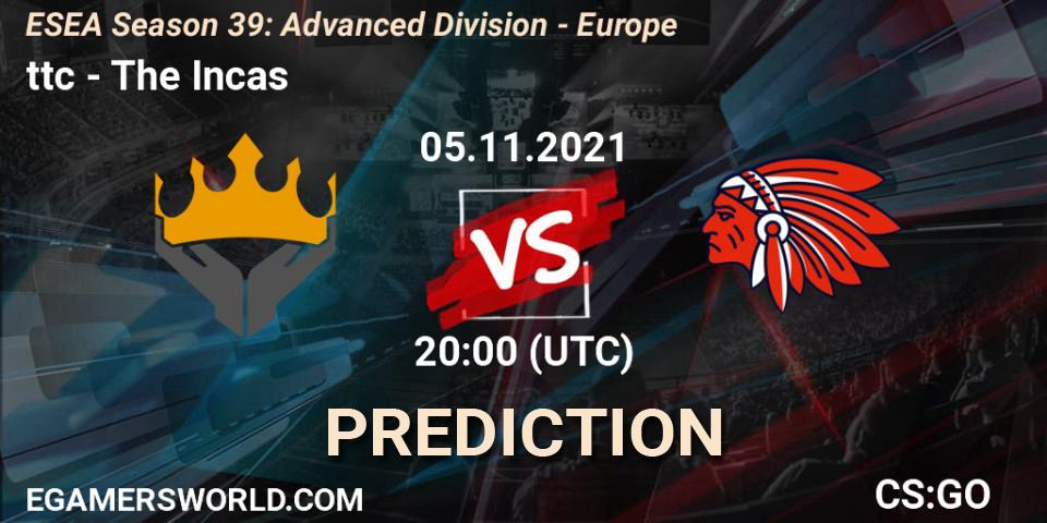 ttc vs The Incas: Betting TIp, Match Prediction. 07.11.2021 at 18:00. Counter-Strike (CS2), ESEA Season 39: Advanced Division - Europe