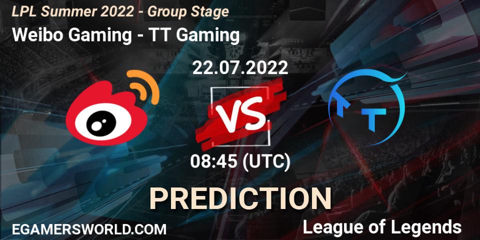 Weibo Gaming vs TT Gaming: Betting TIp, Match Prediction. 22.07.2022 at 09:00. LoL, LPL Summer 2022 - Group Stage