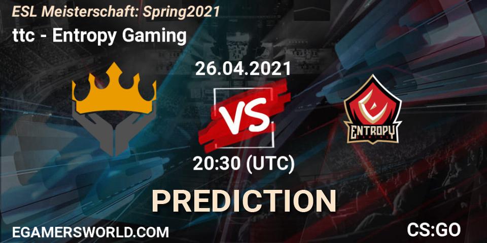 ttc vs Entropy Gaming: Betting TIp, Match Prediction. 26.04.2021 at 20:30. Counter-Strike (CS2), ESL Meisterschaft: Spring 2021