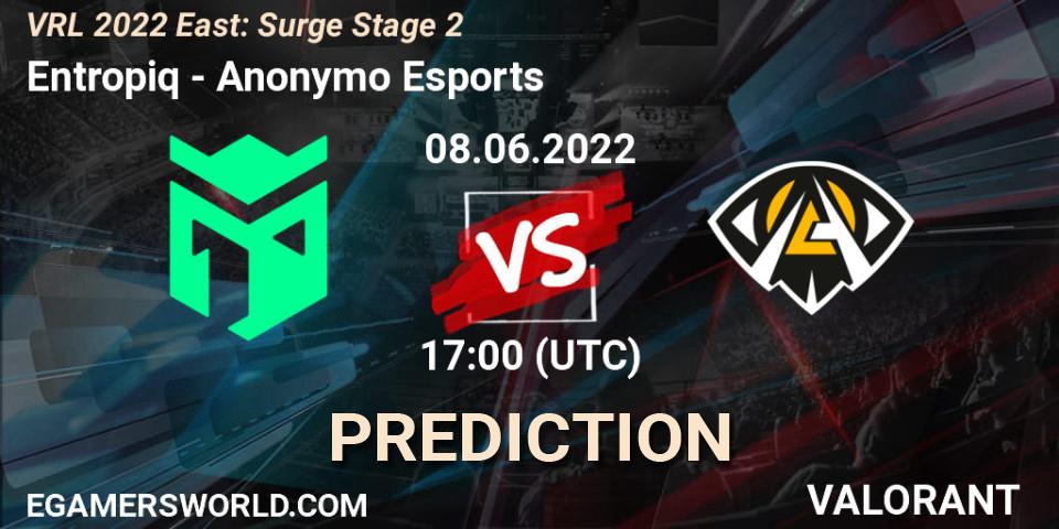 Entropiq vs Anonymo Esports: Betting TIp, Match Prediction. 08.06.2022 at 17:15. VALORANT, VRL 2022 East: Surge Stage 2