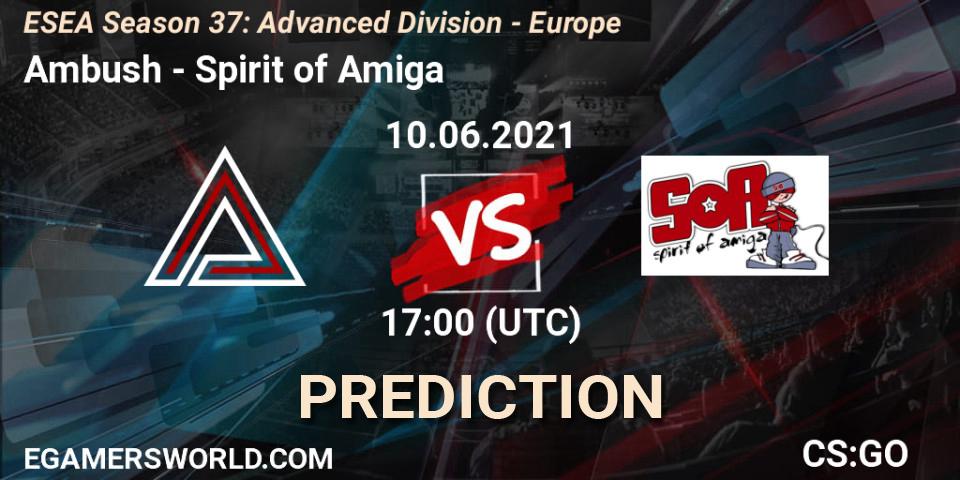 Ambush vs Spirit of Amiga: Betting TIp, Match Prediction. 10.06.2021 at 17:00. Counter-Strike (CS2), ESEA Season 37: Advanced Division - Europe