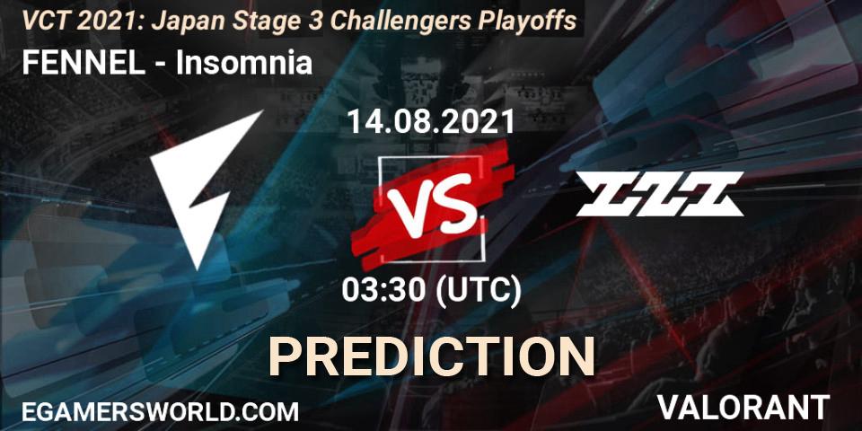 FENNEL vs Insomnia: Betting TIp, Match Prediction. 14.08.2021 at 03:30. VALORANT, VCT 2021: Japan Stage 3 Challengers Playoffs