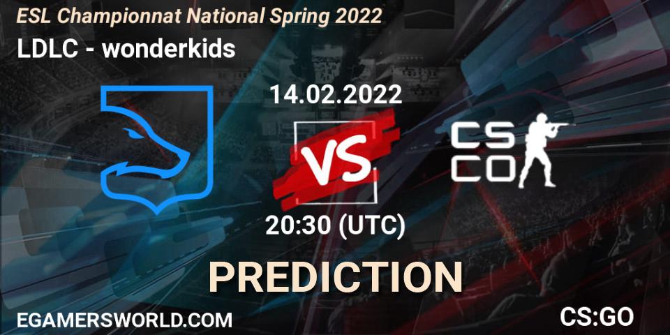 LDLC vs wonderkids: Betting TIp, Match Prediction. 14.02.2022 at 20:30. Counter-Strike (CS2), ESL Championnat National Spring 2022
