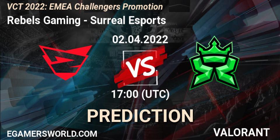 Rebels Gaming vs Surreal Esports: Betting TIp, Match Prediction. 02.04.2022 at 17:25. VALORANT, VCT 2022: EMEA Challengers Promotion