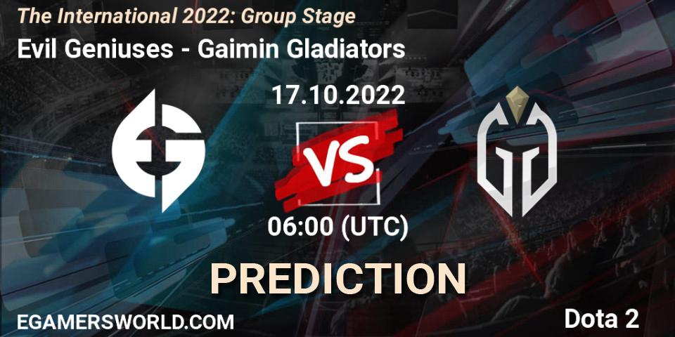 Evil Geniuses vs Gaimin Gladiators: Betting TIp, Match Prediction. 17.10.2022 at 07:29. Dota 2, The International 2022: Group Stage