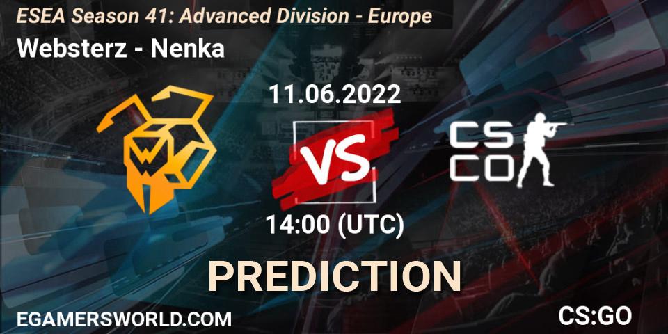 Websterz vs Nenka: Betting TIp, Match Prediction. 11.06.2022 at 14:00. Counter-Strike (CS2), ESEA Season 41: Advanced Division - Europe