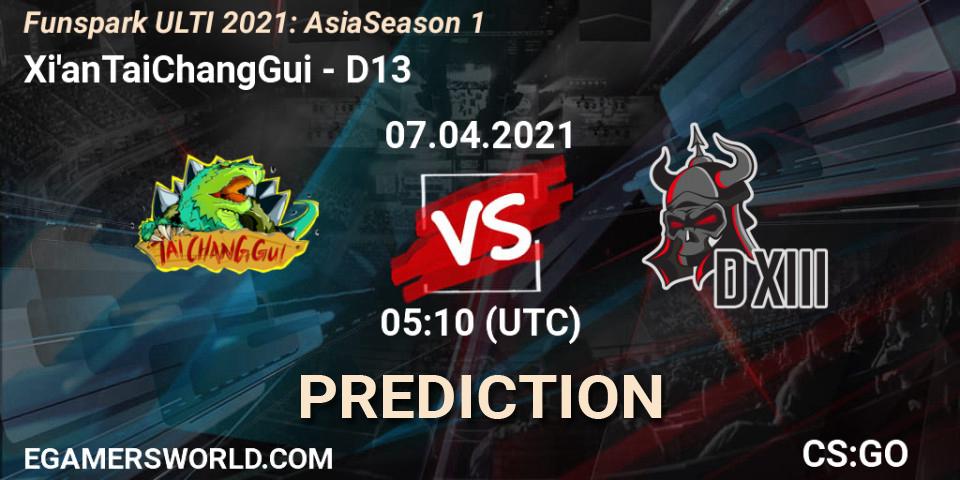 Xi'anTaiChangGui vs D13: Betting TIp, Match Prediction. 07.04.2021 at 08:45. Counter-Strike (CS2), Funspark ULTI 2021: Asia Season 1