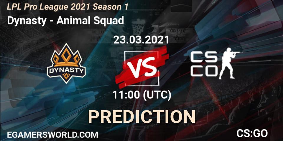 Dynasty vs Animal Squad: Betting TIp, Match Prediction. 23.03.2021 at 10:40. Counter-Strike (CS2), LPL Pro League 2021 Season 1