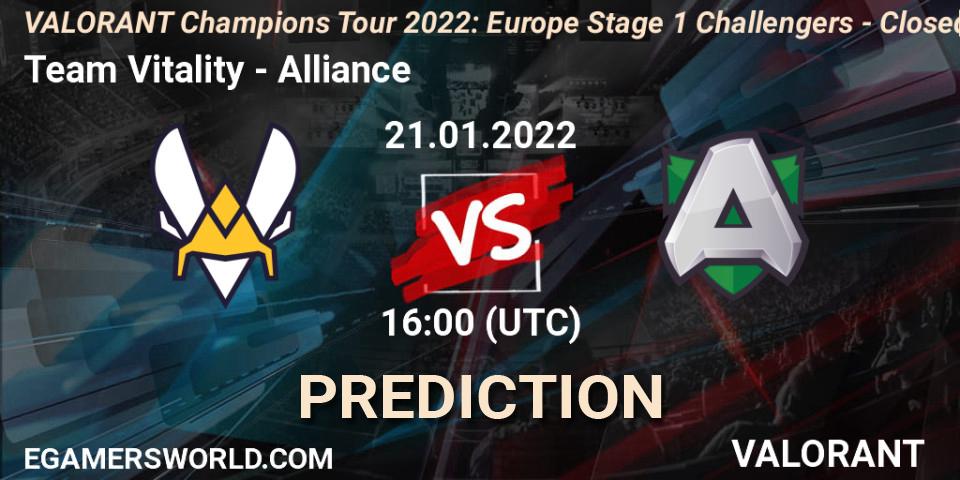 Team Vitality vs Alliance: Betting TIp, Match Prediction. 21.01.2022 at 16:00. VALORANT, VCT 2022: Europe Stage 1 Challengers - Closed Qualifier 2