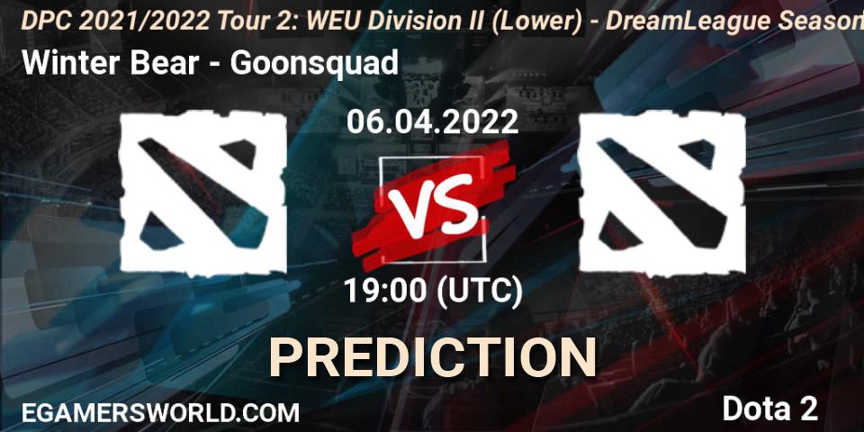 Winter Bear vs Goonsquad: Betting TIp, Match Prediction. 06.04.2022 at 19:05. Dota 2, DPC 2021/2022 Tour 2: WEU Division II (Lower) - DreamLeague Season 17
