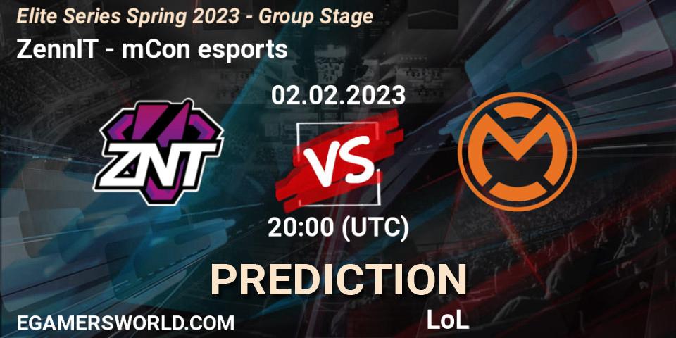 ZennIT vs mCon esports: Betting TIp, Match Prediction. 02.02.2023 at 20:00. LoL, Elite Series Spring 2023 - Group Stage
