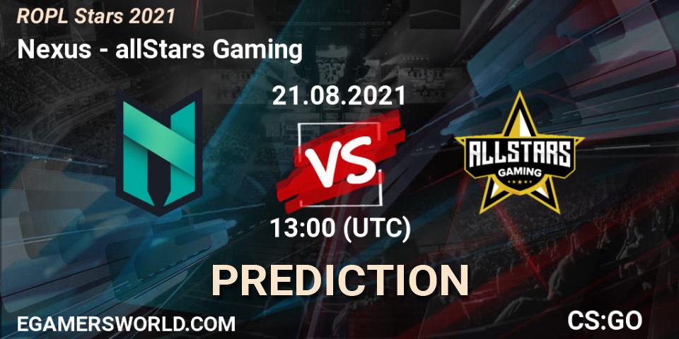 Nexus vs allStars Gaming: Betting TIp, Match Prediction. 21.08.2021 at 16:45. Counter-Strike (CS2), ROPL Stars 2021